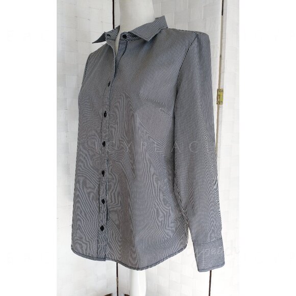 George Button Down Shirt Medium Black White Gingham Top Classic Preppy Lagenlook - Picture 5 of 14